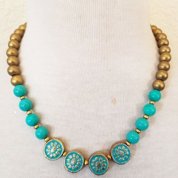 Turquoise Blue Gold Sunflower Metallic Statement Necklace - Picture 1 of 3